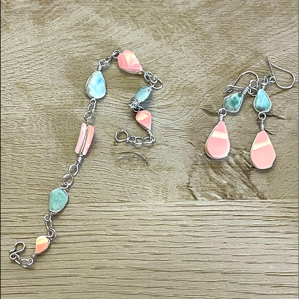 Pink and blue stone earrings and necklace
